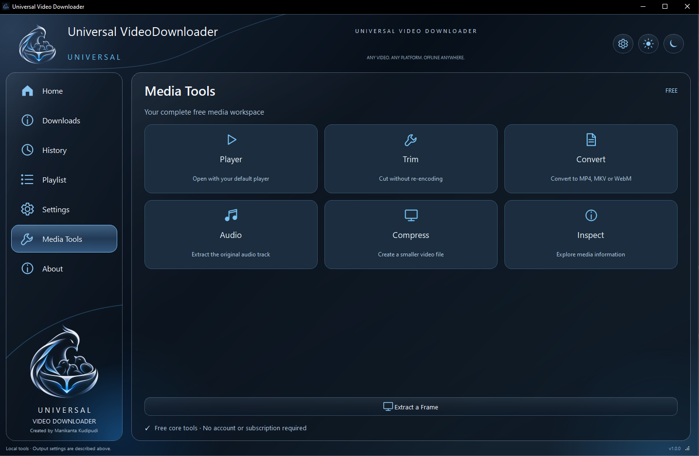 Universal Video Downloader Media Tools screen with Player, Trim, Convert, Audio, Compress, Inspect and Extract a Frame